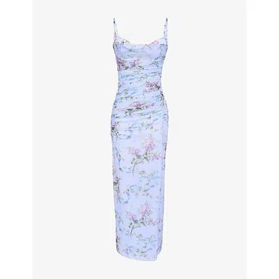 House Of Cb Womens Blue Floral Print Lini Corset-bodice Stretch-mesh Maxi Dress In Multi
