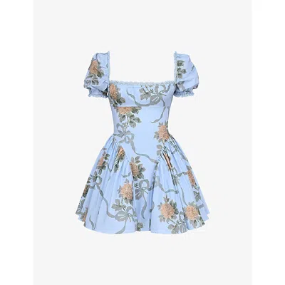 House Of Cb Womens Blue Rose Print Rosie Floral-print Stretch-cotton Mini Dress