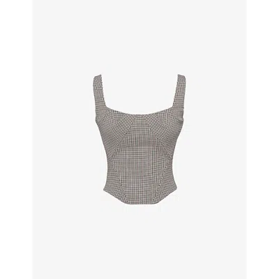 HOUSE OF CB WOMENS BROWN PUPPYTOOTH SELMA CHECKED STRETCH-WOVEN TOP