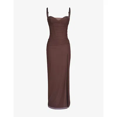 House Of Cb Womens Burgundy Lini Corset-bodice Stretch-mesh Maxi Dress