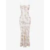 House Of Cb Caprina Embroidered Floral Trumpet Gown In White & Gold