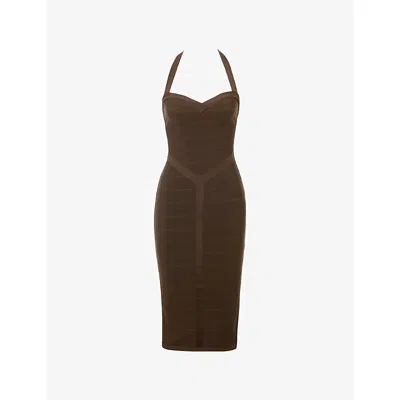 House Of Cb Womens Chocolat The Sculpt Halter-neck Bandage Stretch-woven Midi Dress