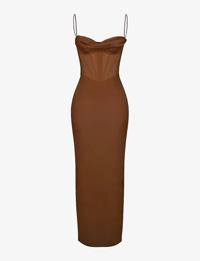 House Of Cb Womens Chocolate Charmaine Corset Satin Maxi Dress