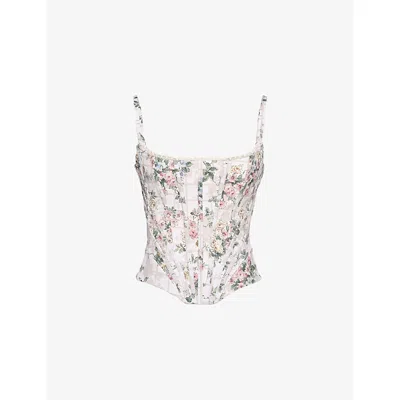 House Of Cb Womens Cream Floral Cadie Ribbon-print Cotton Corset Top