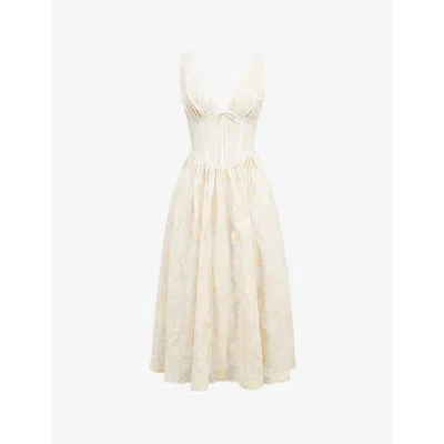 House Of Cb Womens Vintage Ivory Floral Emmelina Plunge-neck Corset Stretch Cotton-blend Midi Dress