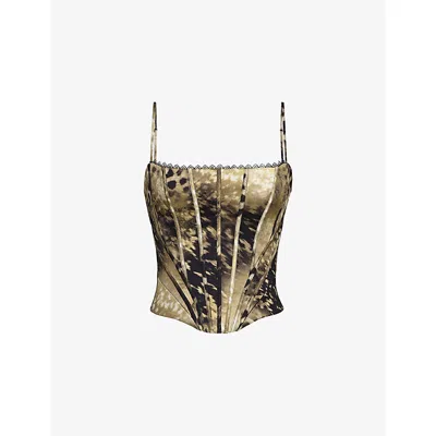 House Of Cb Womens Gold Leopard Print Cadie Graphic-print Satin Corset To