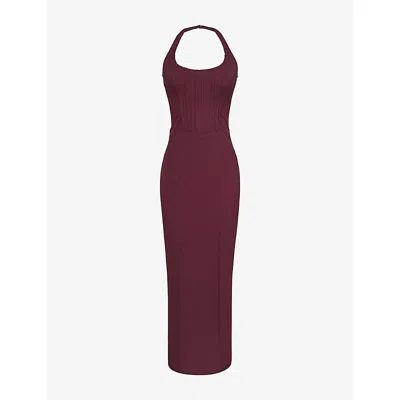 HOUSE OF CB WOMENS GRAPE LUSILLA HALTERNECK STRETCH-MESH MIDI DRESS