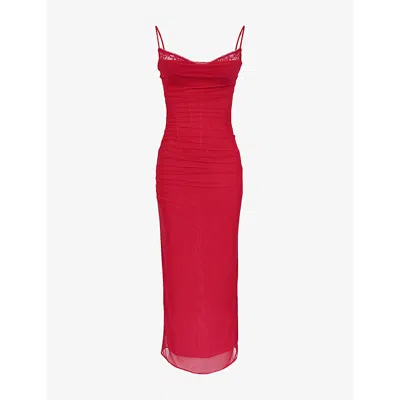 House Of Cb Womens Nalini Lace-trim Corseted Stretch-woven Maxi Dress Haute Red