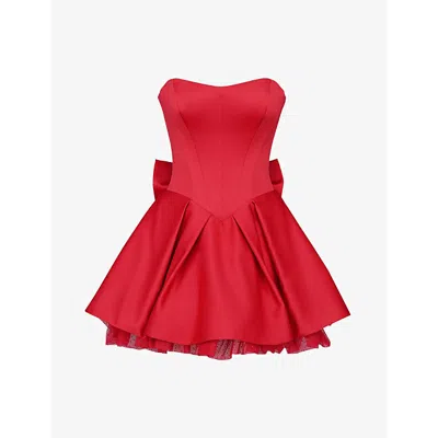 House Of Cb Womens  Noele Bow Strapless Satin Mini Dre In Haute Red