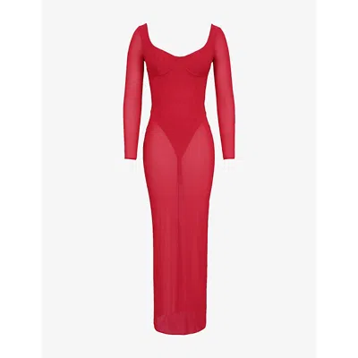 HOUSE OF CB OF CB WOMENS HOLLY RED EVERLY MESH MAXI DRESS WITH BODYSUIT