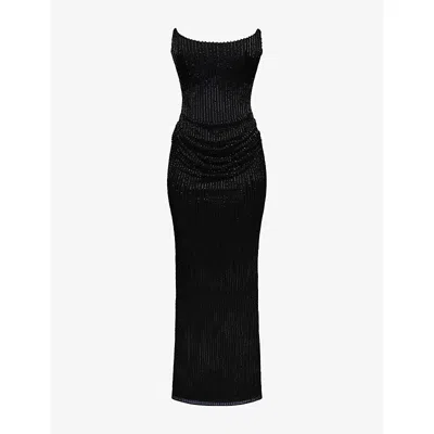 House Of Cb Womens Black Alicia Bead-embellished Stretch-woven Floor-length Gown