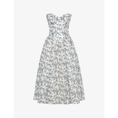 HOUSE OF CB WOMENS HOUSE OF CB BENNETT GRAPHIC-PRINT STRAPLESS COTTON-BLEND MIDI DRESS
