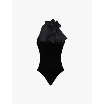 House Of Cb Womens Black Velvet Blair Bodysuit With Optional Bow