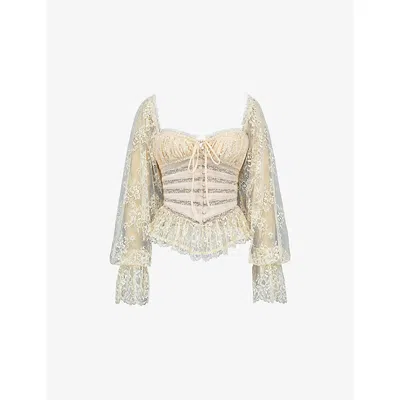 House Of Cb Womens Vintage Ivory Cara Long-sleeve Georgette Peplum To In Gold