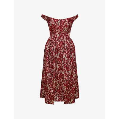 House Of Cb Womens  Charming Off-the-shoulder Lace And Satin Midi Dress In Rhubarb & Gold