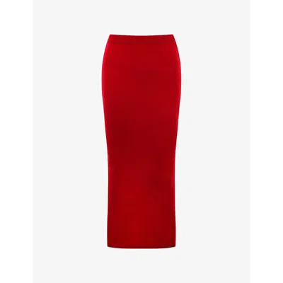 House Of Cb Womens Red Faith Slim-fit Knitted Midi Skirt