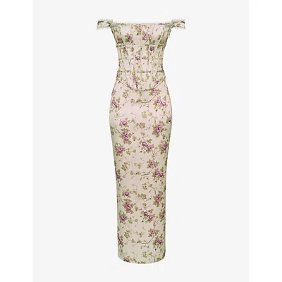 House Of Cb Womens Vintage Cream Print Isis Corseted Satin Maxi Dress