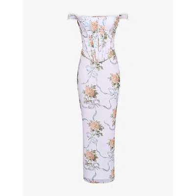 House Of Cb Of Cb Womens Soft Blue Rose Print Isis Corseted Woven Maxi Dress