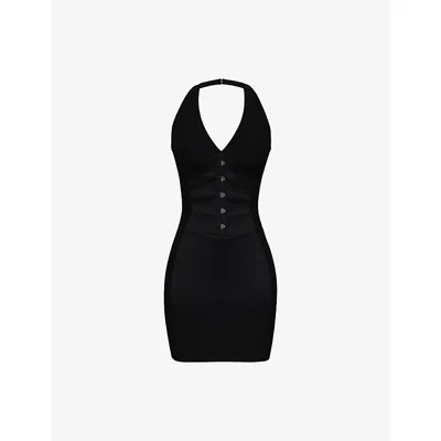 House Of Cb Womens  Lia Panelled Halter-neck Duchess-satin Mini Dress In Black