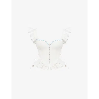 House Of Cb Womens White Embroidered Lilibet Floral-embroidered Peplum Cotton Corset Top