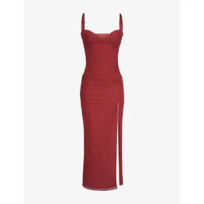 House Of Cb Womens Red Lini Corset-bodice Stretch-mesh Maxi Dress