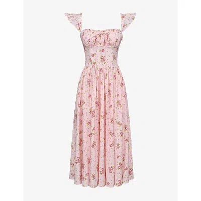 House Of Cb Womens Pink Vintage Rose Livia Floral-print Stretch-cotton Midi Dress