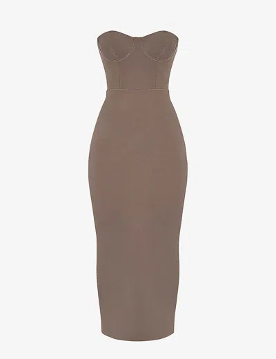 House Of Cb Womens Taupe Lucia Corseted Stretch-woven Maxi Dress