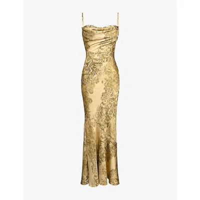 House Of Cb Womens Gold Nalani Printed Stretch-satin Maxi Dress