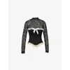 House Of Cb Womens Black Perdita Metallic-jacquard Corset And Bolero Lace Top