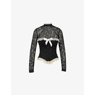 House Of Cb Womens Black Perdita Metallic-jacquard Corset And Bolero Lace Top