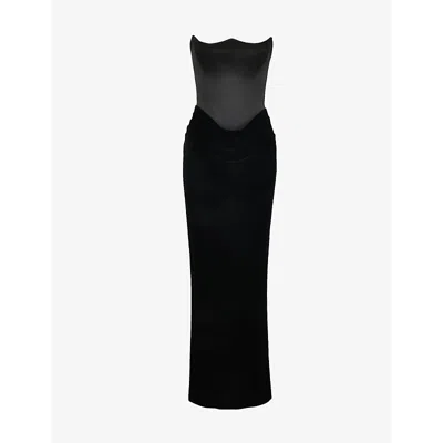 House Of Cb Womens Persephone Corseted-bodice Strapless Satin Maxi Dress Black Velvet