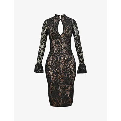 House Of Cb Womens Black Pierette Keyhole-neck Stretch-lace Midi Dress