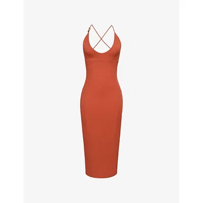 House Of Cb Womens Terracotta Ria Plunge-neck Stretch Cotton-blend Midi Dress In Brown