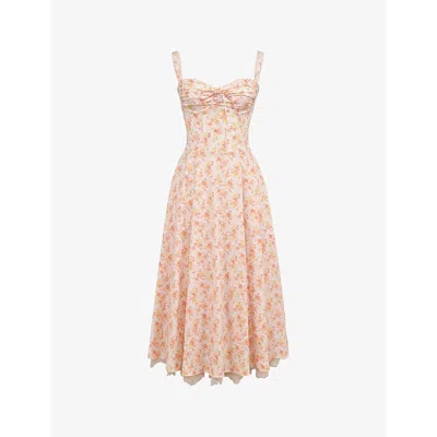 House Of Cb Womens Peach Poppy Rosalee Floral-print Bustier Stretch-cotton Midi Dress