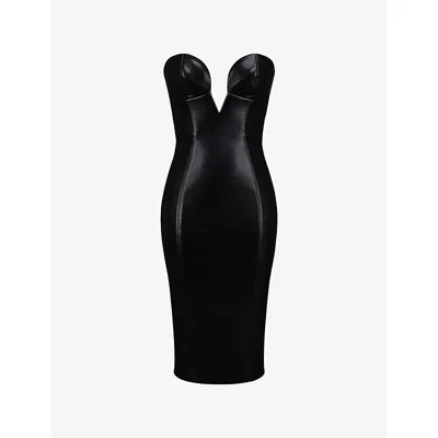 House Of Cb Womens  Shia Strapless Faux-leather Midi Dress In Black