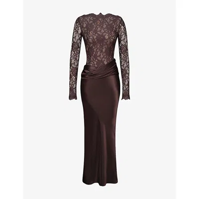 House Of Cb Womens Espresso Brown Yasmeen Lace-bodysuit Stretch-woven Maxi Dress