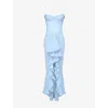 House Of Cb Womens Gabbi Ruffled-front Slim-fit Stretch-mesh Maxi Dress Ice Blue In Ice Blue