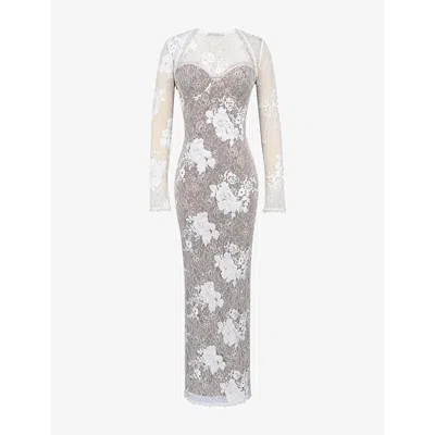 House Of Cb Womens Ivory Lucienne Stretch Floral-lace Maxi Dress In Silver