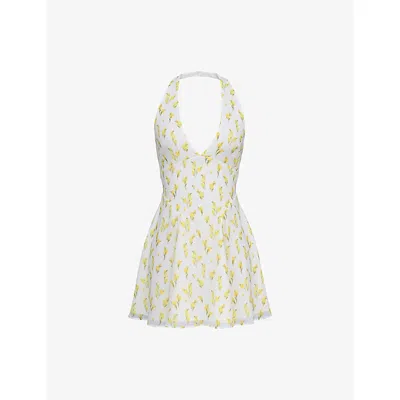 House Of Cb Womens Lemon Floral Print Iris Halter Neck Georgette Woven Mini Dress In Neutral