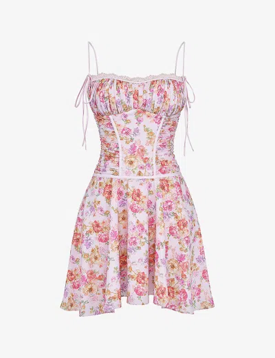 House Of Cb Womens Light Lavender Alejandra Floral-print Lace-trim Woven Mini Dress In Purple