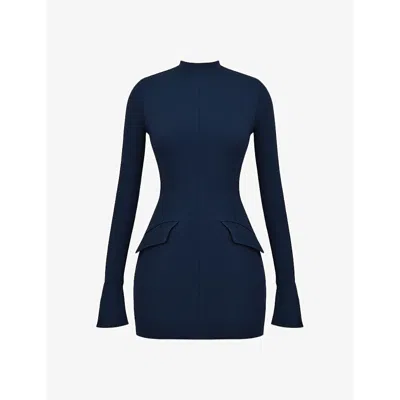 House Of Cb Womens Mahalia Fluted-cuffs Stretch-woven Mini Dress Navy