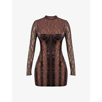 House Of Cb Womens Marica Crushed-velvet Stretch-lace Mini Dress Brown