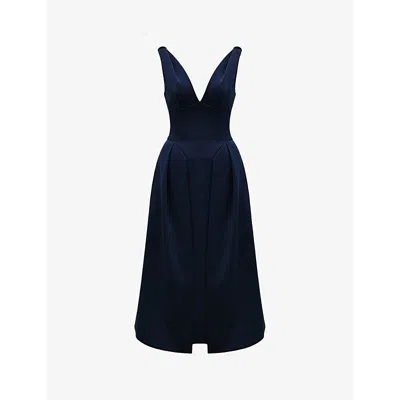 House Of Cb Womens Paloma Pleated Satin Midi Dress Midnight