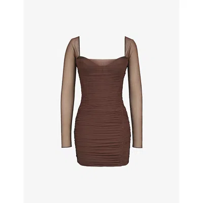 House Of Cb Womens Mocha Anouk Square-neck Stretch-mesh Mini Dress In Brown