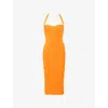 House Of Cb Womens Orange Sherbet The Sculpt Halter-neck Bandage Stretch-woven Midi Dress In Orange
