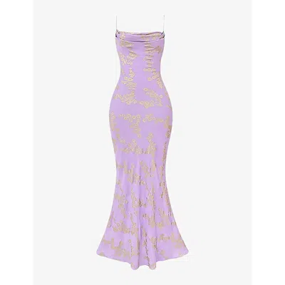 HOUSE OF CB WOMENS ORCHID CAPRIANA METALLIC FLORAL-JACQUARD SATIN MAXI DRESS