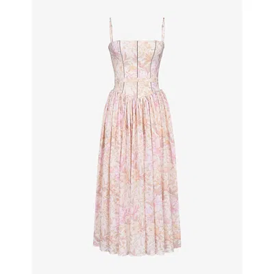 House Of Cb Womens Peach Floral Print Ysabella Floral-print Stretch-cotton Midi Dress In Multi