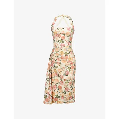 House Of Cb Womens Peach Floral Tallulah Floral-print Halterneck Stretch-cotton Midi Dress In Multi
