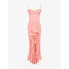 House Of Cb Womens Gabbi Ruffled-front Slim-fit Stretch-mesh Maxi Dress Peach