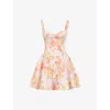 House Of Cb Bunny Voluminous Skirt Minidress In Peach Poppy Print